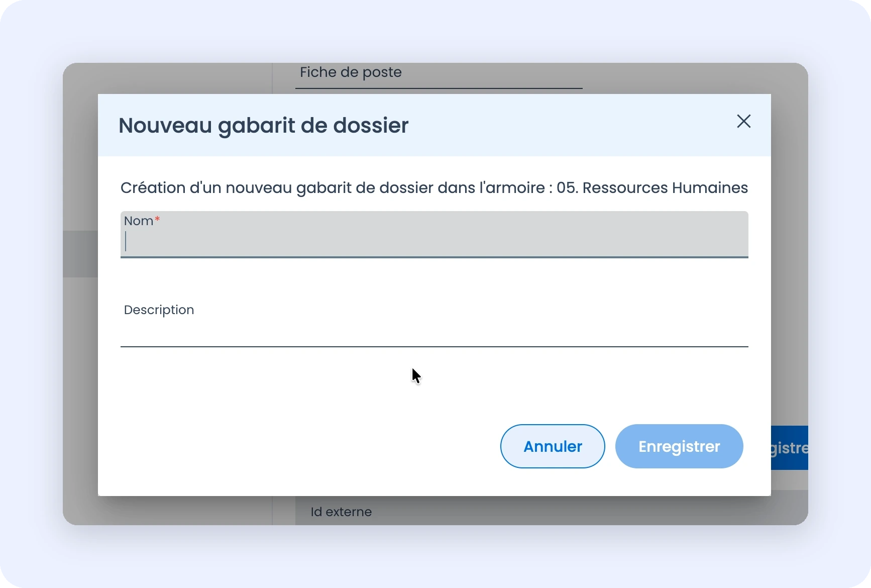 Capture du formulaire de création d'un gabarit de dossier