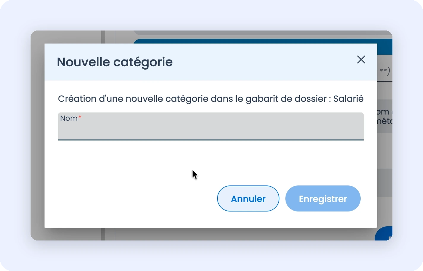 Capture de la création d'une catégorie sous un gabarit de dossier