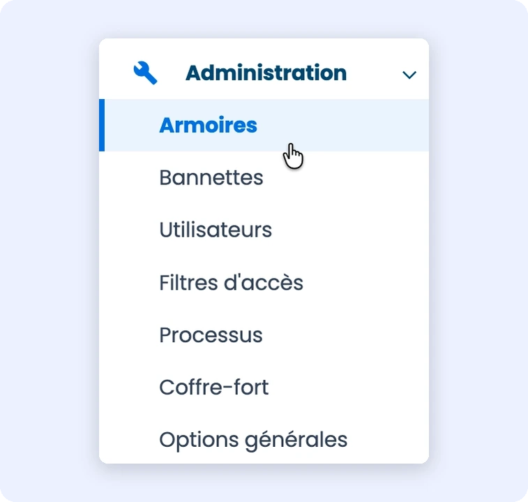 Capture du menu Administration avec l'item "Armoires" sélectionné