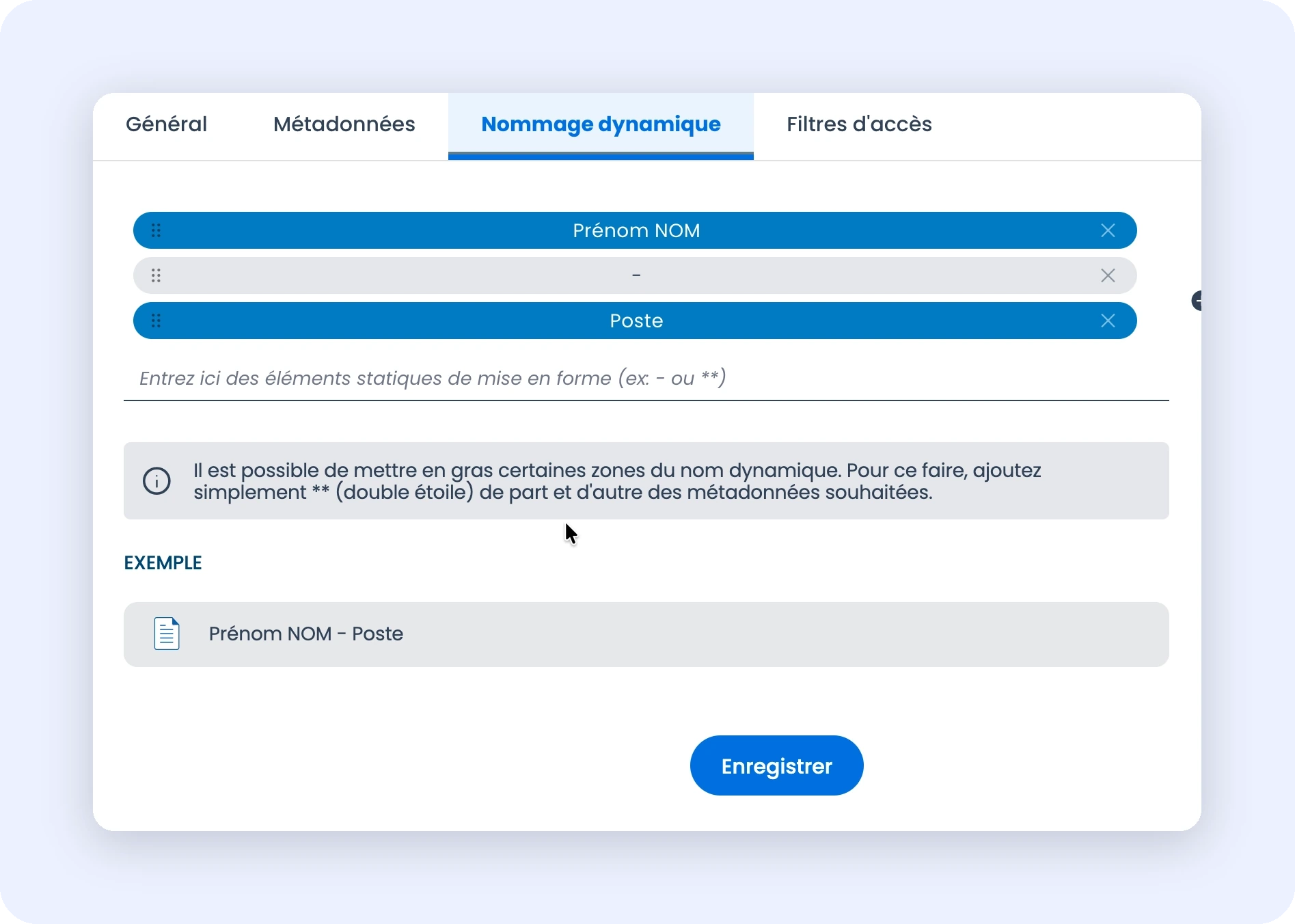 Capture de l'interface de nommage dynamique avec des éléments juxtaposés