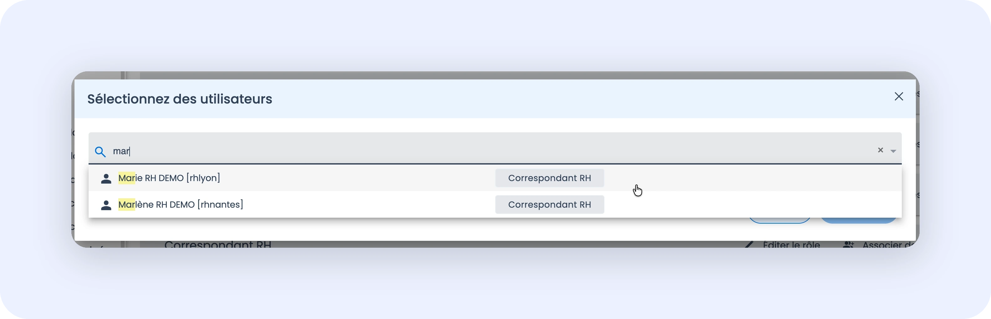 Capture de la fenêtre de recherche avec la liste filtrée en temps réel