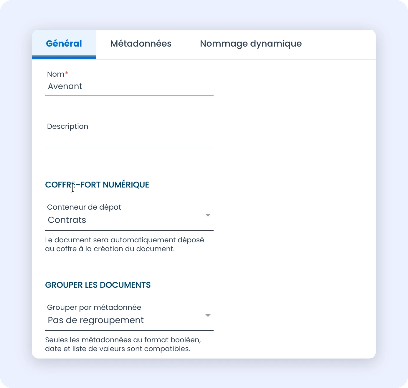 Capture de l'onglet Général d'un gabarit de document avec toutes les options