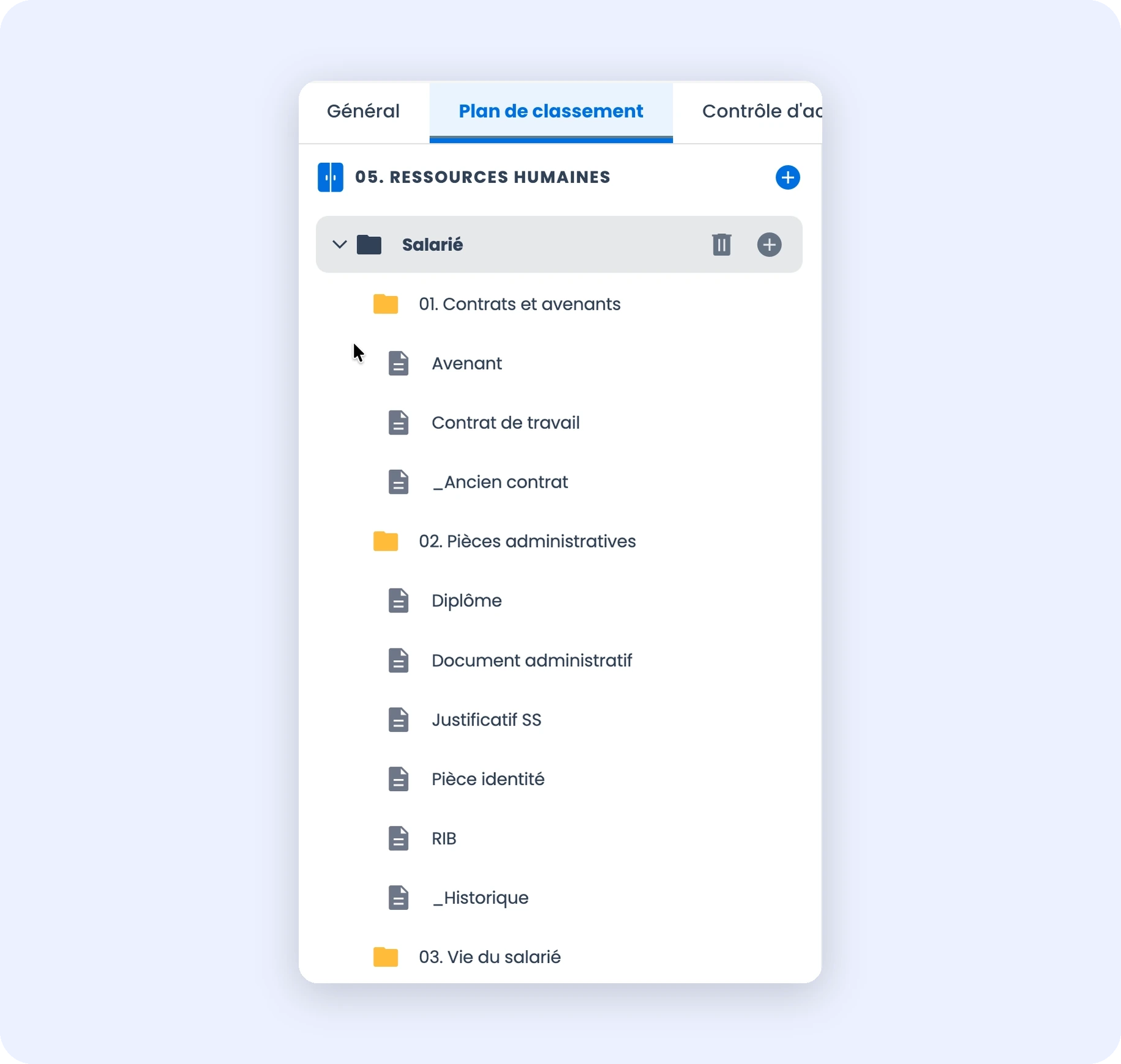 Capture de l'interface Plan de classement avec l'arborescence à gauche et le panneau de paramétrage à droite