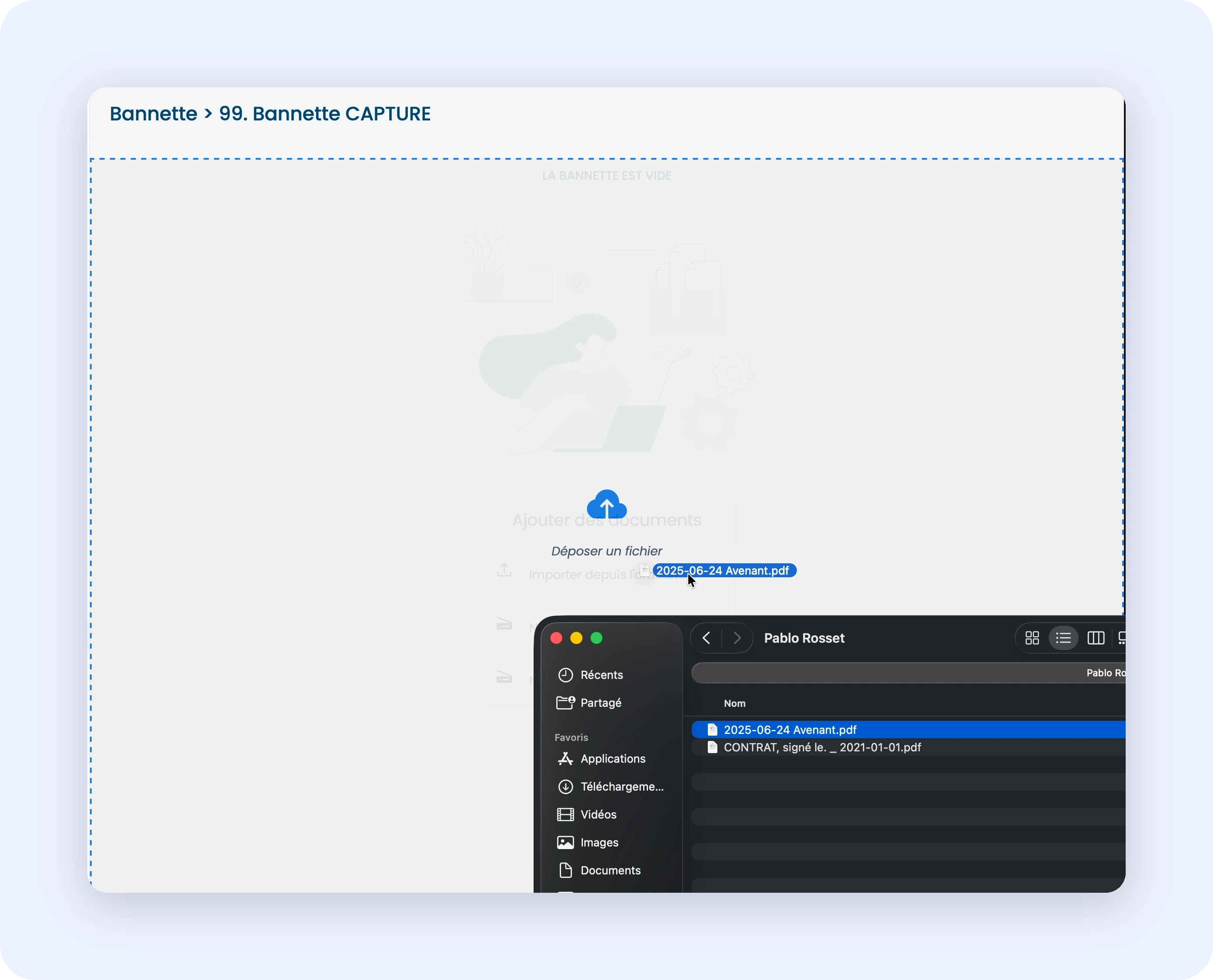 Capture montrant un fichier en cours de glissement vers la bannette vide