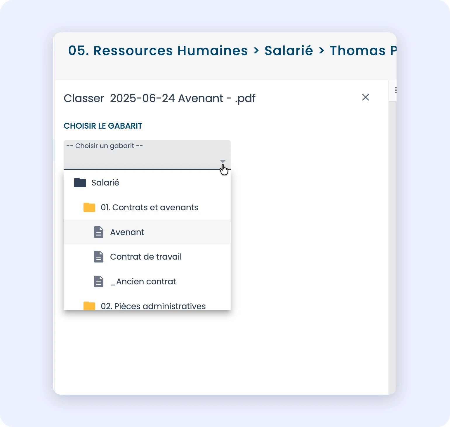 Capture du formulaire de classement manuel avec sélection du gabarit