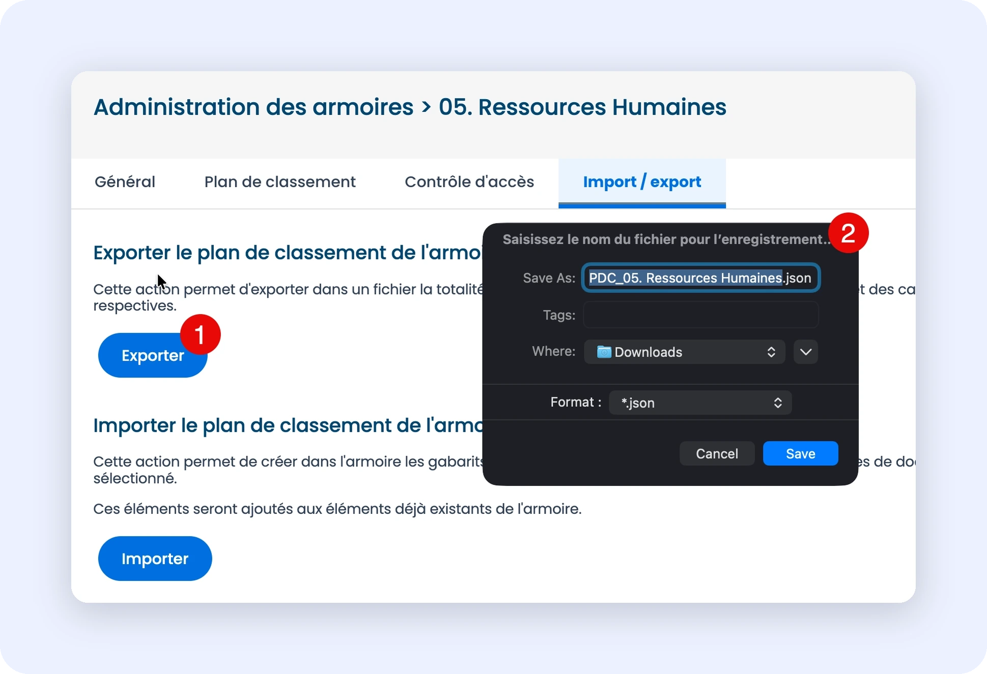 Capture du bouton d'export et du fichier JSON téléchargé