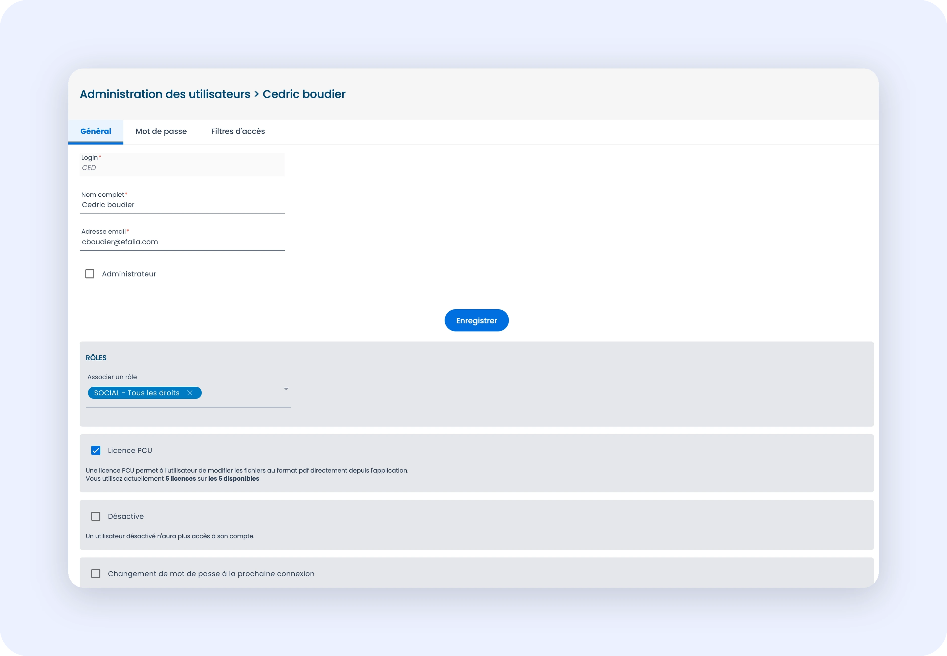 Capture de la fenêtre de modification d'un utilisateur avec tous les champs et options visibles