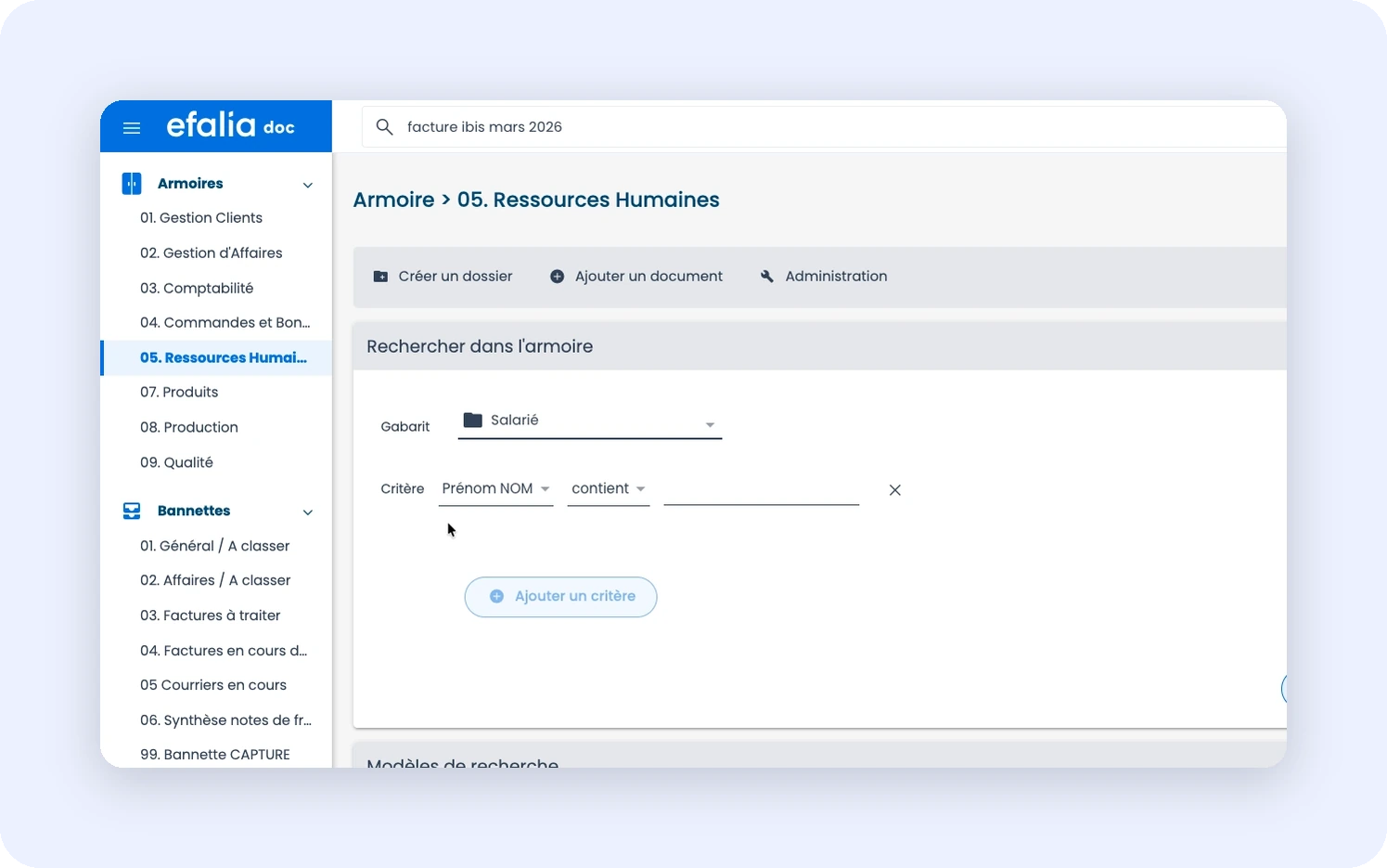 Capture montrant une armoire sélectionnée dans le menu gauche et le formulaire de recherche avancée affiché à droite