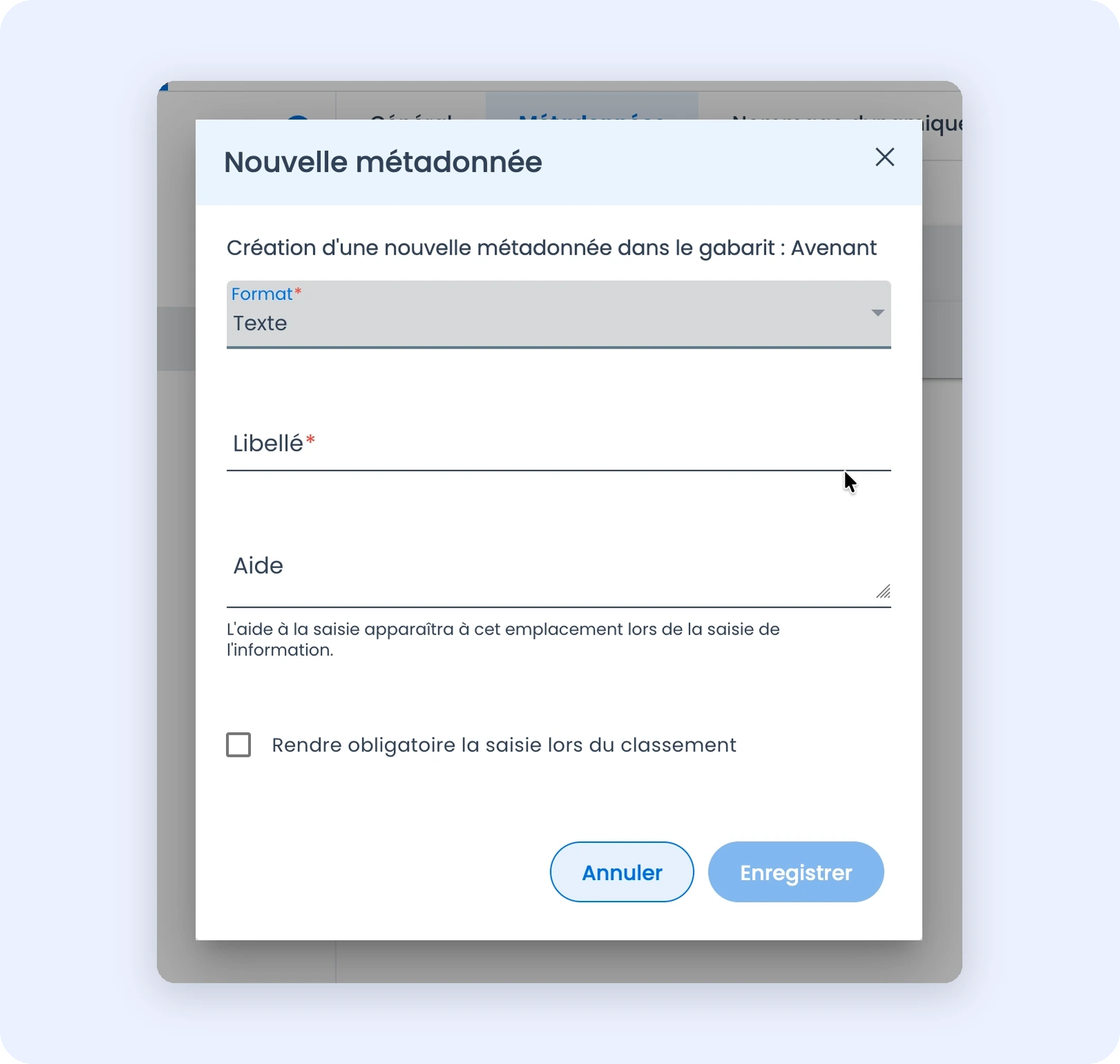 Capture du formulaire de création d'une métadonnée de dossier
