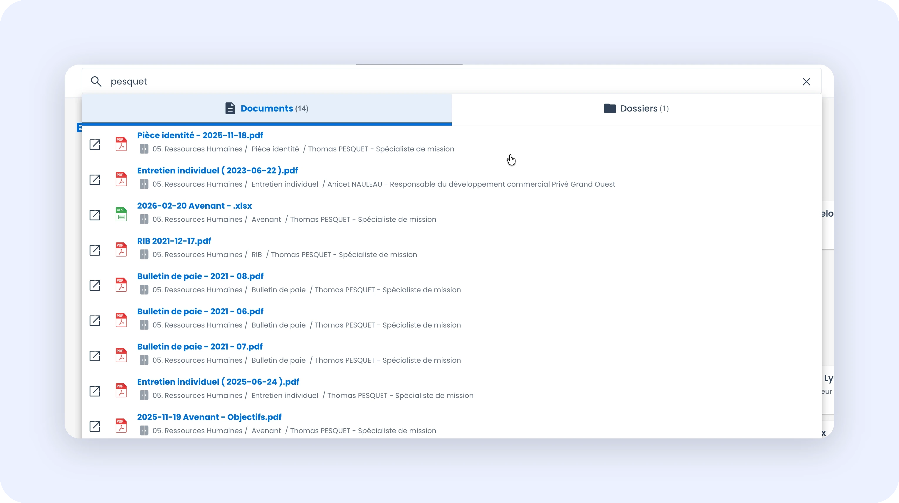 Capture de la barre de recherche en haut de l'interface avec un mot-clé saisi