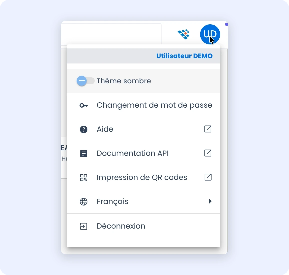 Capture du bouton Profil dans la barre supérieure avec le menu de déconnexion