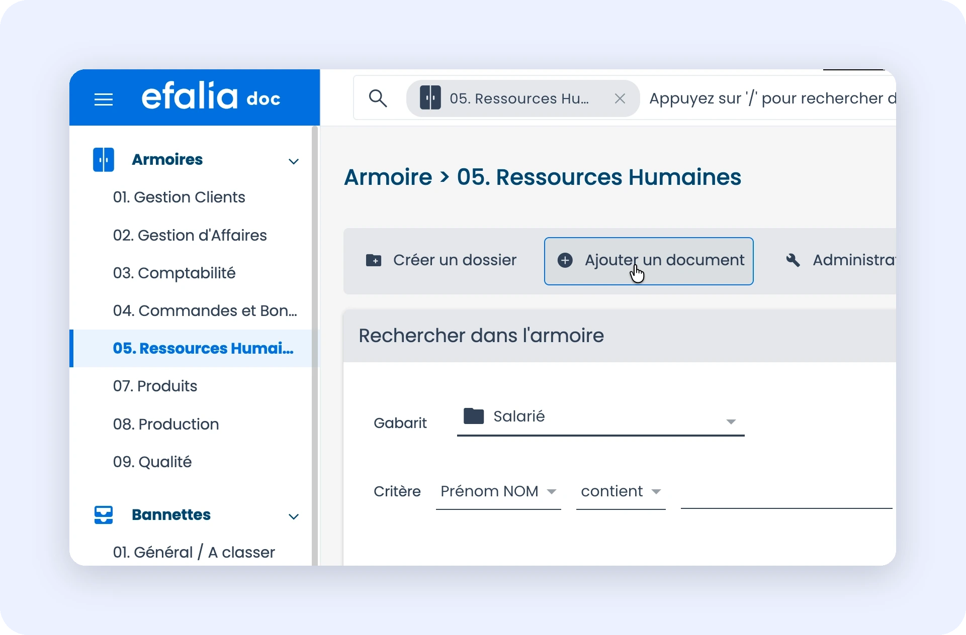 Capture du bouton "Ajouter un document" dans l'armoire