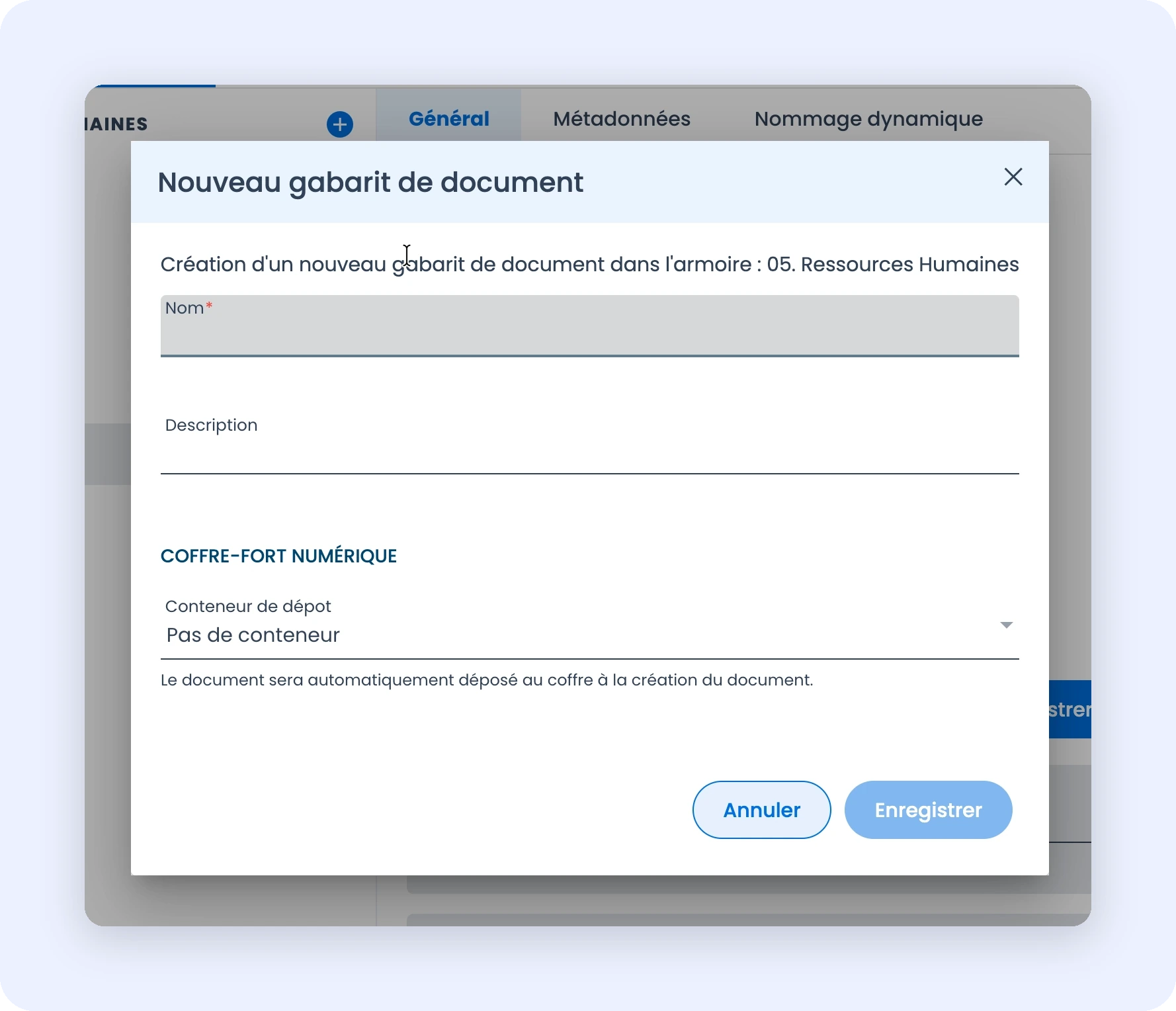 Capture du formulaire de création d'un gabarit de document