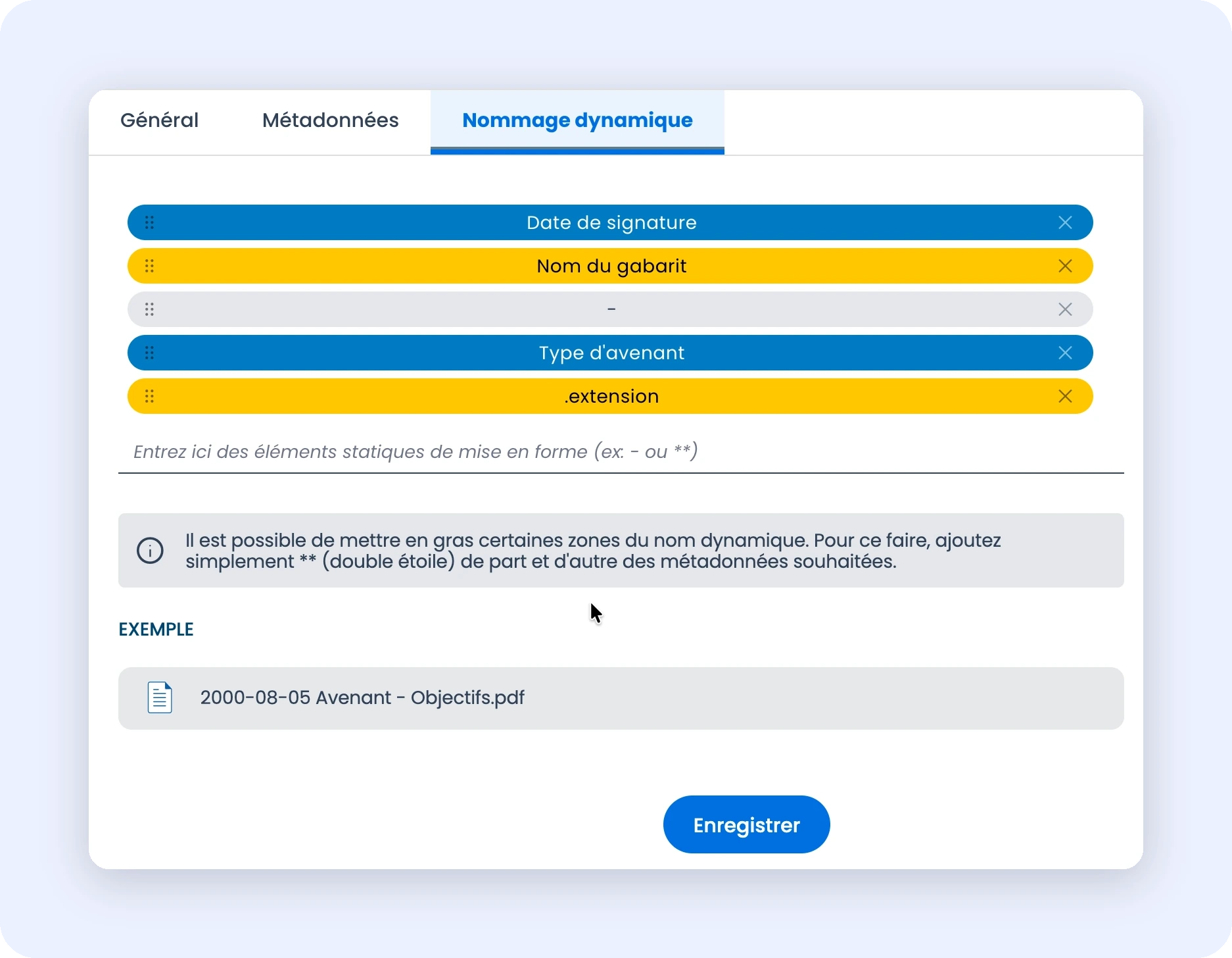 Capture de l'interface de nommage dynamique pour un gabarit de document