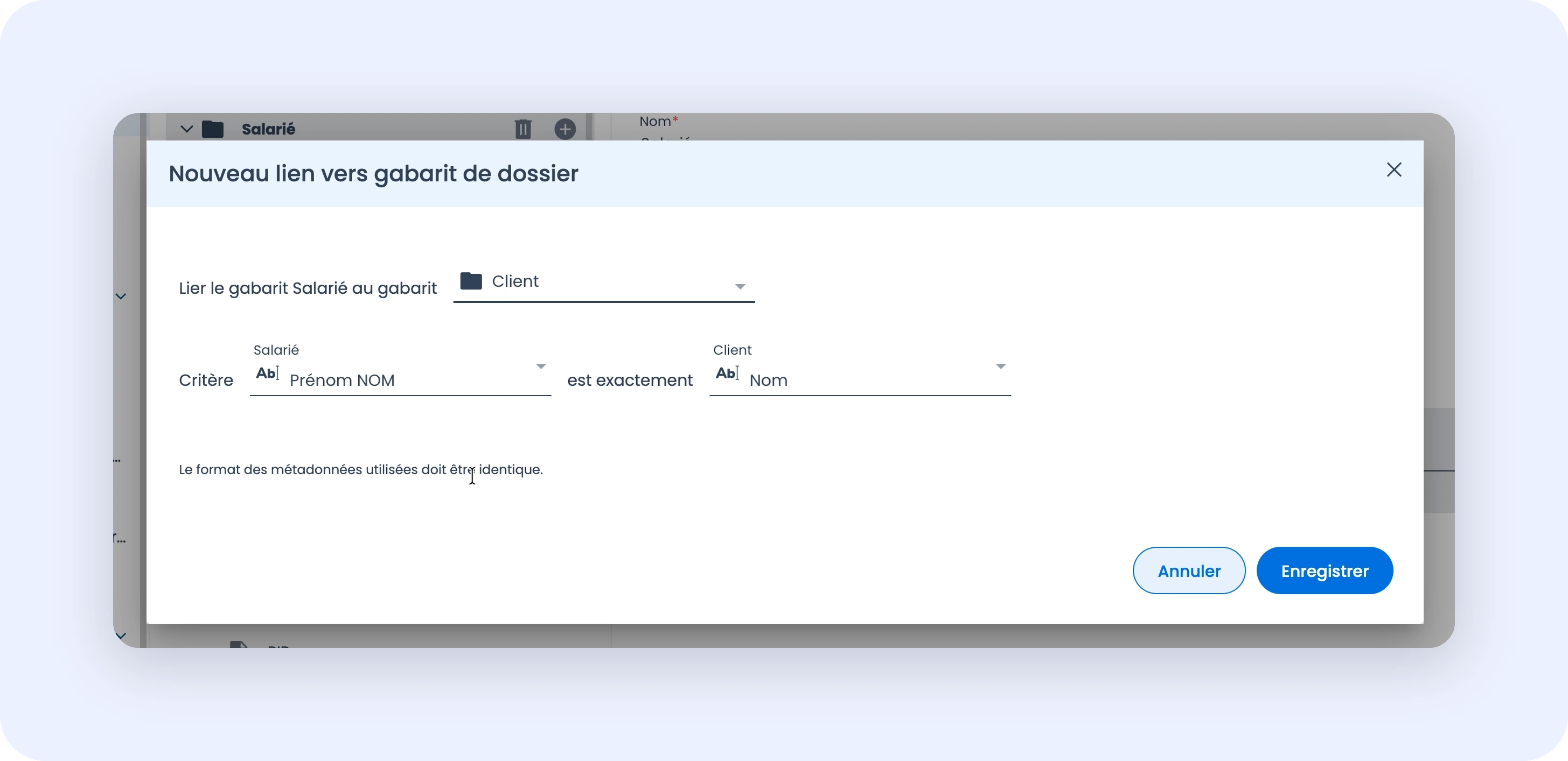 Capture de la configuration d'un lien inter-gabarits avec la règle de correspondance