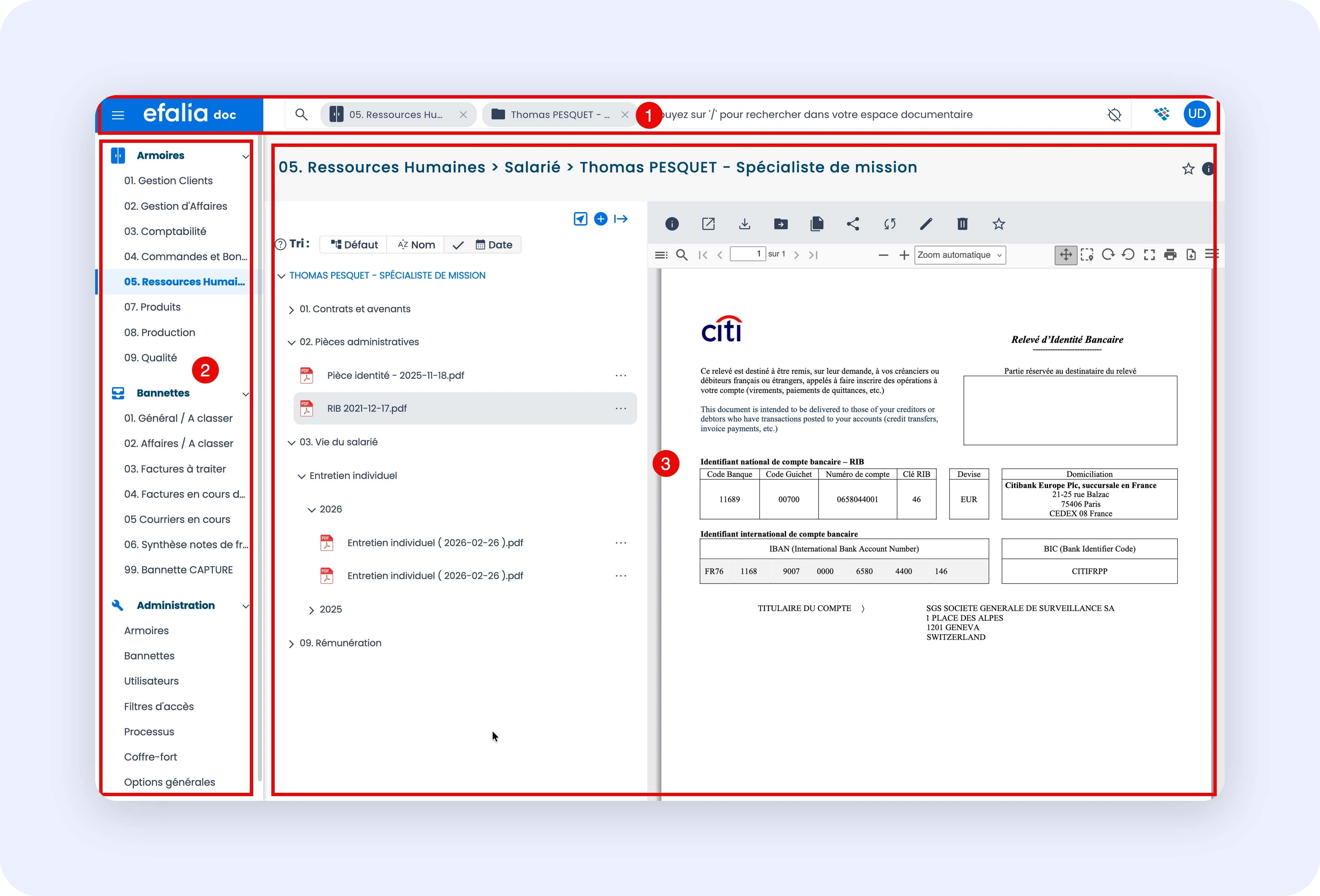 Capture de l'interface générale d'Efalia Doc avec les trois zones identifiées et numérotées